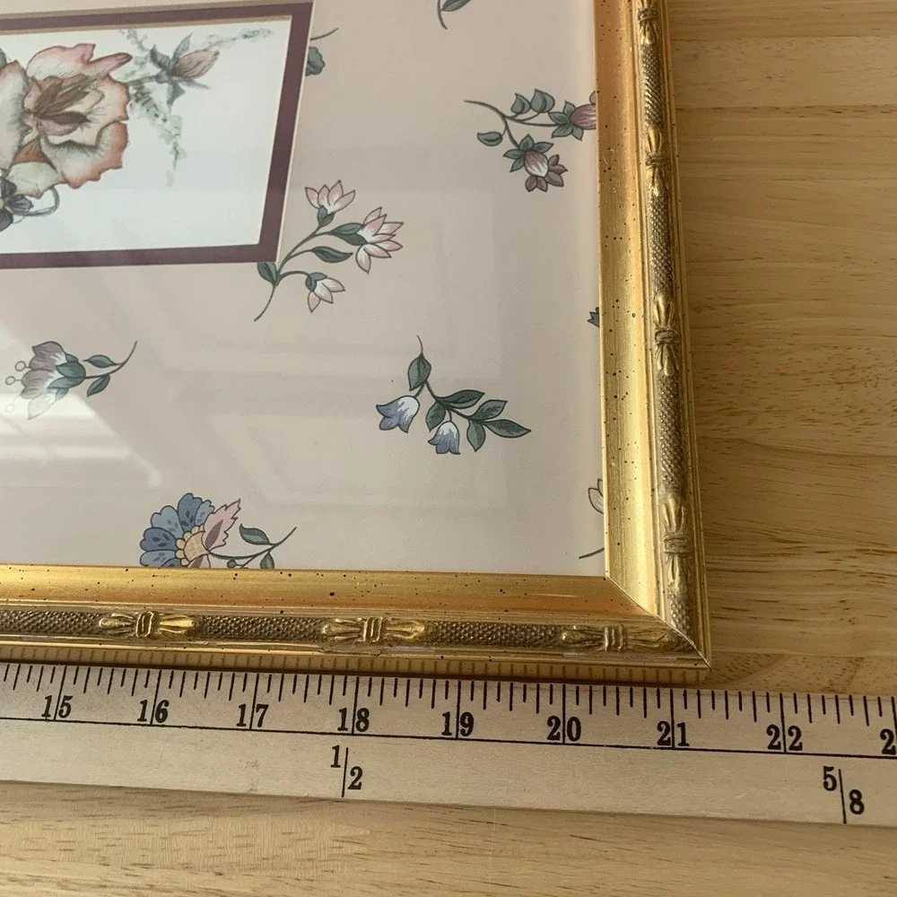 Vtg Framed Botanical Print Floral Wall Art Blossoms Gold Frame Cottage Signed